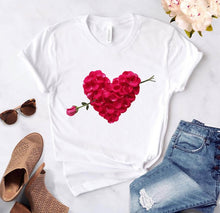 Load image into Gallery viewer, Heart flower print ladies T-shirt ladies casual basis O-collar white shirt short sleeve ladies T-shirt love graphic printing
