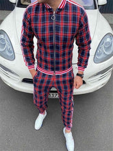 Load image into Gallery viewer, New Colorful Plaid Men Casual Zipper Set Autumn Tracksuit Set Male Sweatshirt Pocket Fashion Jackets Men Tracksuit Sets Mens set

